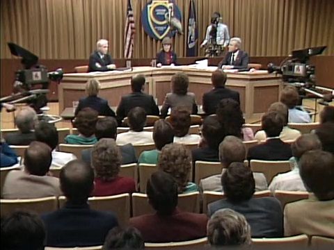 Beth Courtney moderating Treen - Edwards Debate in 1983